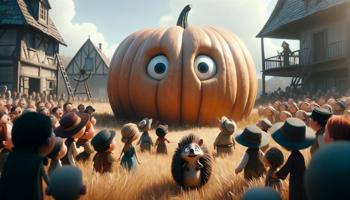 Cesur kirpi ve dev kabak masalında "Köylüler kabaktan hem şaşkın hem sevinçliymiş ama kabak çok büyük olduğu için kimse tek başına onu yerinden oynatamıyormuş. Kabak yavaşça çürümeye başlayınca tarlada üzüntü yayılmış." sahnesi için disney tarzında sinematik bir görsel yap