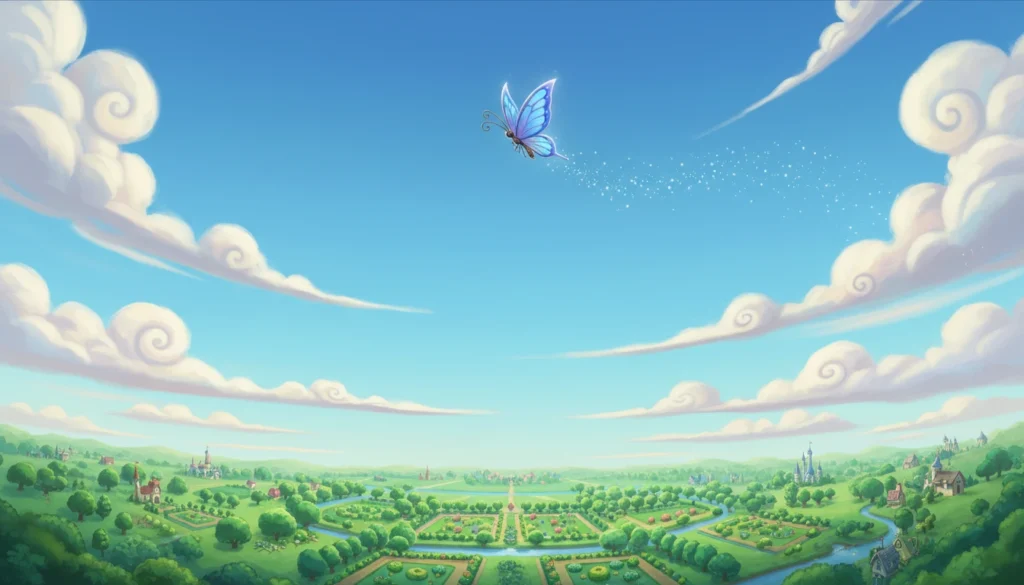 kelebek ve gökyüzü masalında "Gökyüzü o kadar büyük, o kadar enginmiş ki! Aşağıda, yemyeşil bahçeler oyuncak gibi görünüyormuş" sahnesi için disney tarzında yazısız görsel yap